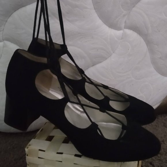 Black Lace-Up Suede Block Heels - Picture 1 of 3